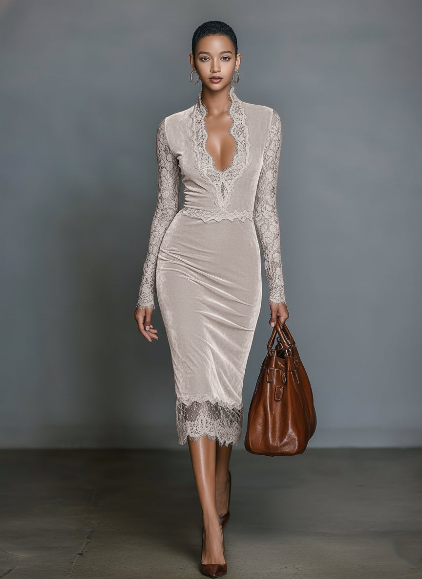 Women's Fashionable And Elegant Dark Blue Velvet Slim-fit V-neck Midi Dress With Lace Trim At The Neckline And Sleeves MDA2937K1AN