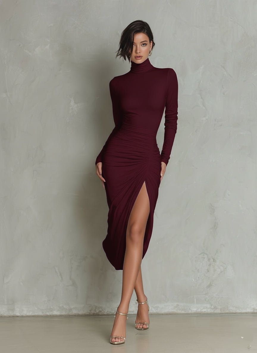 Women's Fashionable And Sexy White Slim-fitting Midi Dress With A High Neckline, Long Sleeves, And Ruched Waist And Hem MDA1270K0AN
