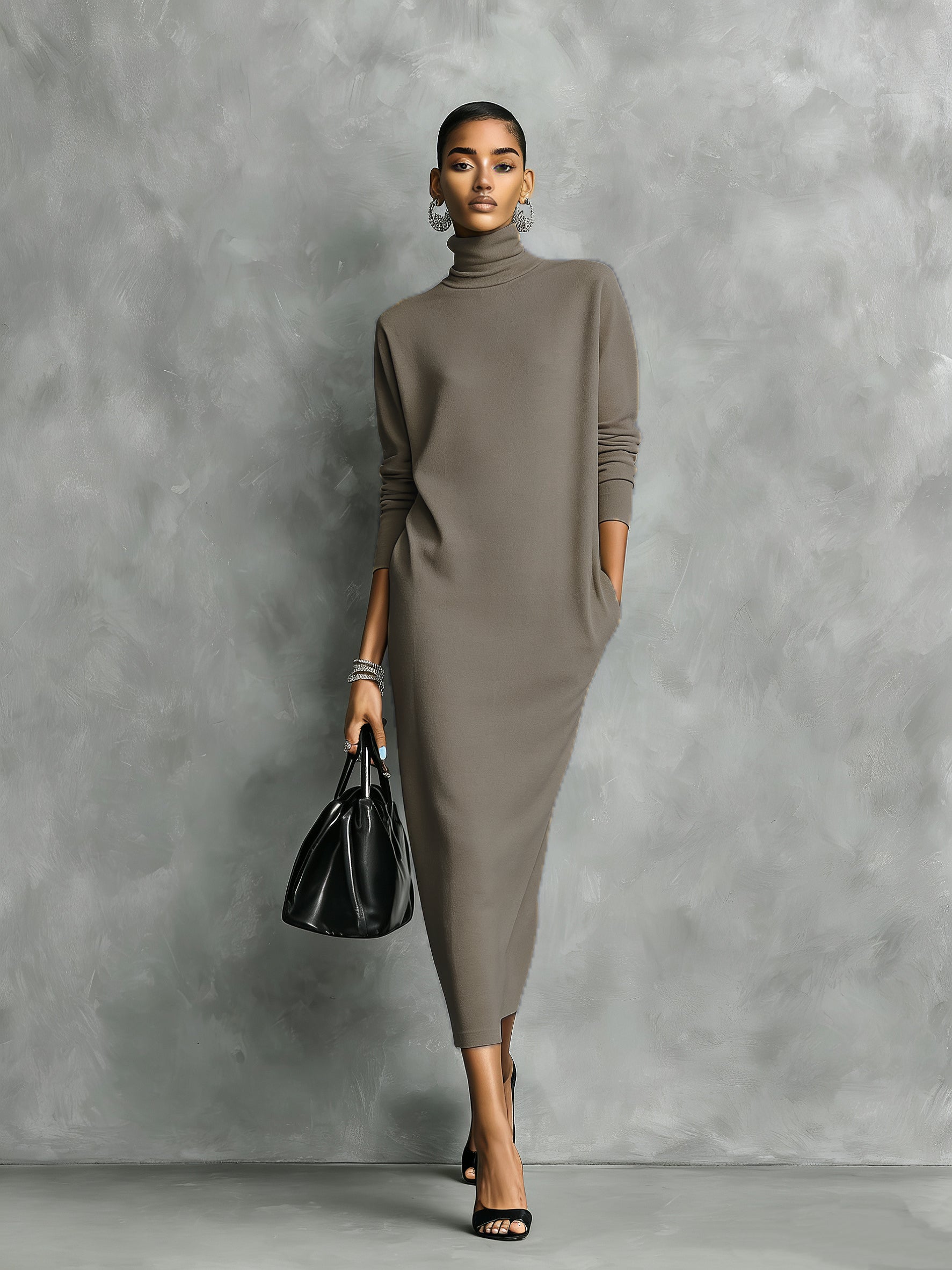 Women's Elegant Black Knitted Turtleneck Long-sleeved Loose-fitting Maxi Dress With No Pockets MDA1974L7AN