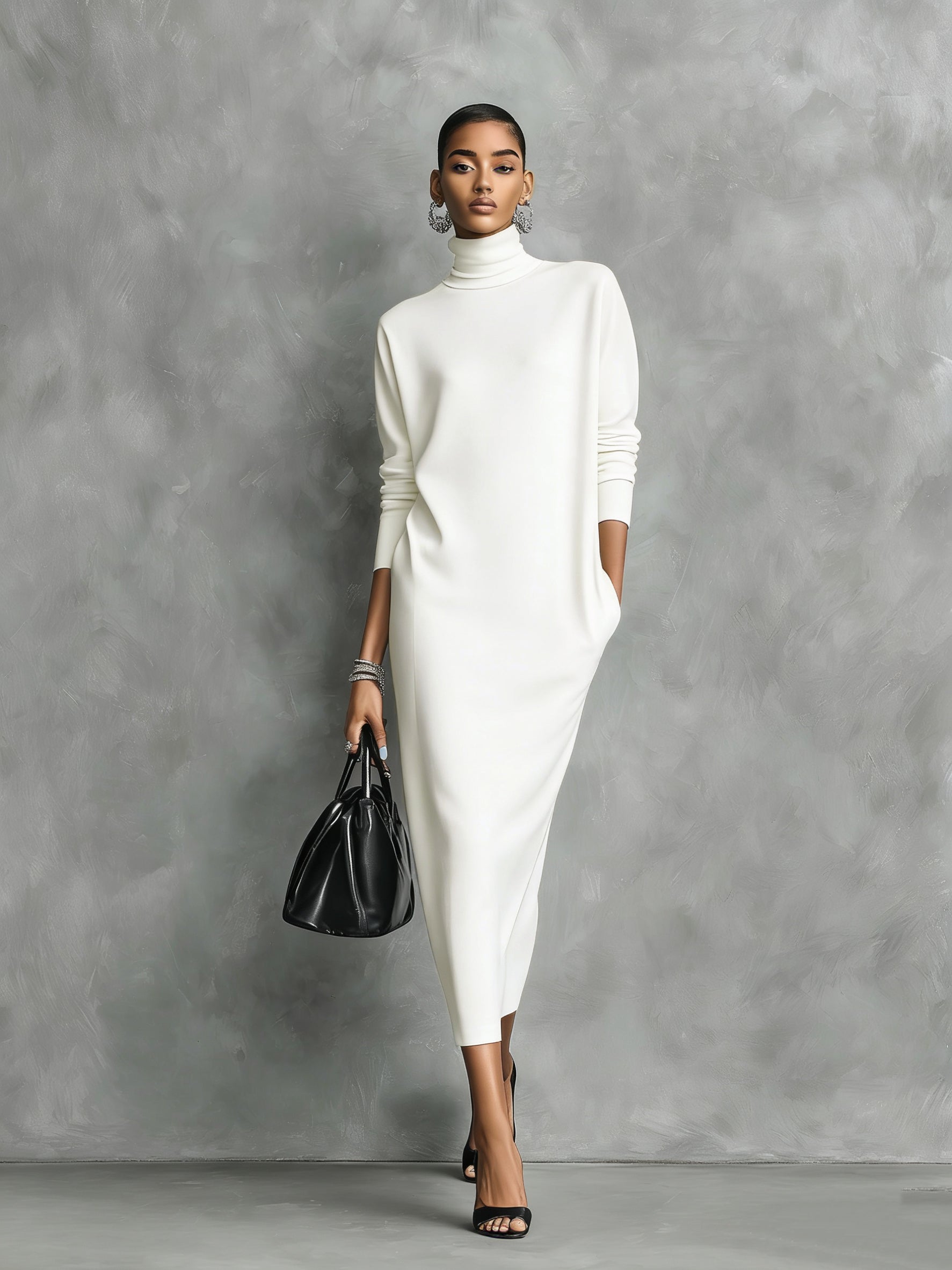 Women's Elegant Black Knitted Turtleneck Long-sleeved Loose-fitting Maxi Dress With No Pockets MDA1974L7AN