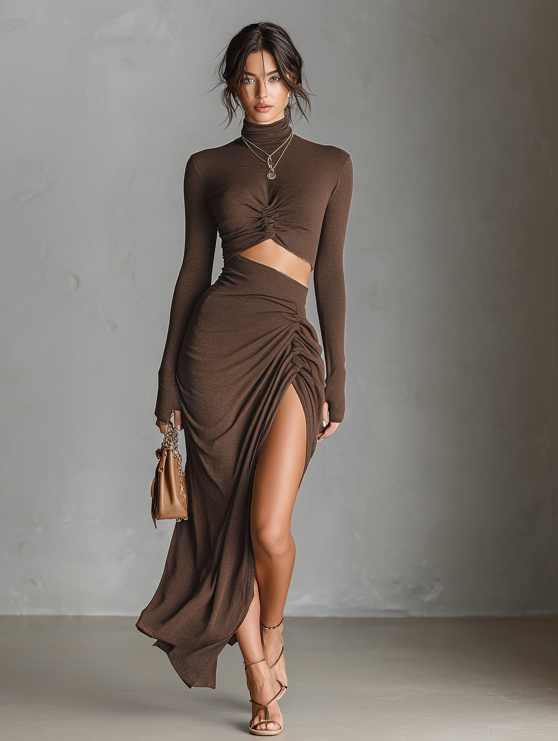 Women's Fashionable Brown Knitted Stretch Long-sleeved Dress MDA1939L9AN