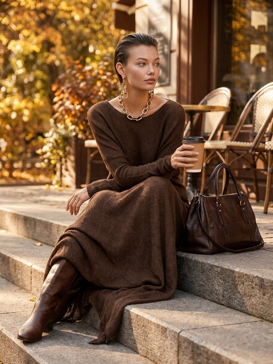 Women's Fashion Round Neck Knitted Sweater Skirt Set MDA0737H3Y