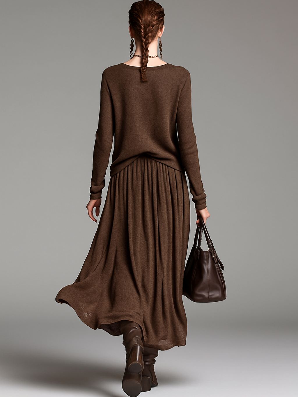 Women's Fashion Round Neck Knitted Sweater Skirt Set MDA0737H3Y