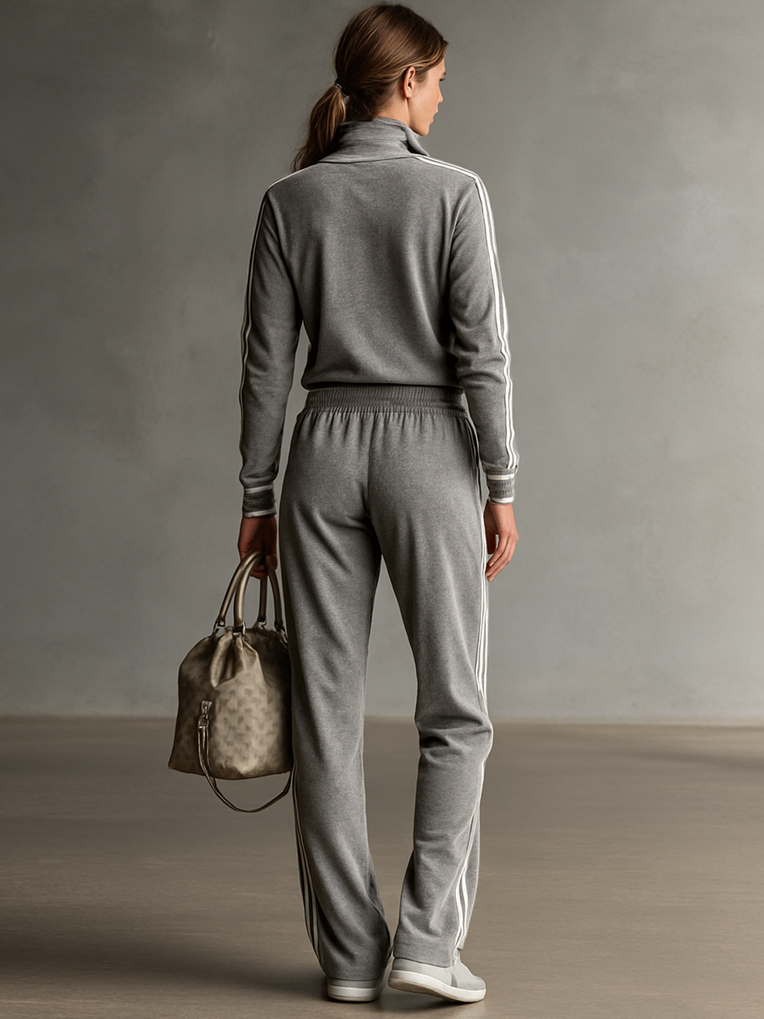 Women's Cotton Blend Embroidered White Trim Zipper Stand Collar Sweatshirt And Sweatpants Set MDA0782H9Y