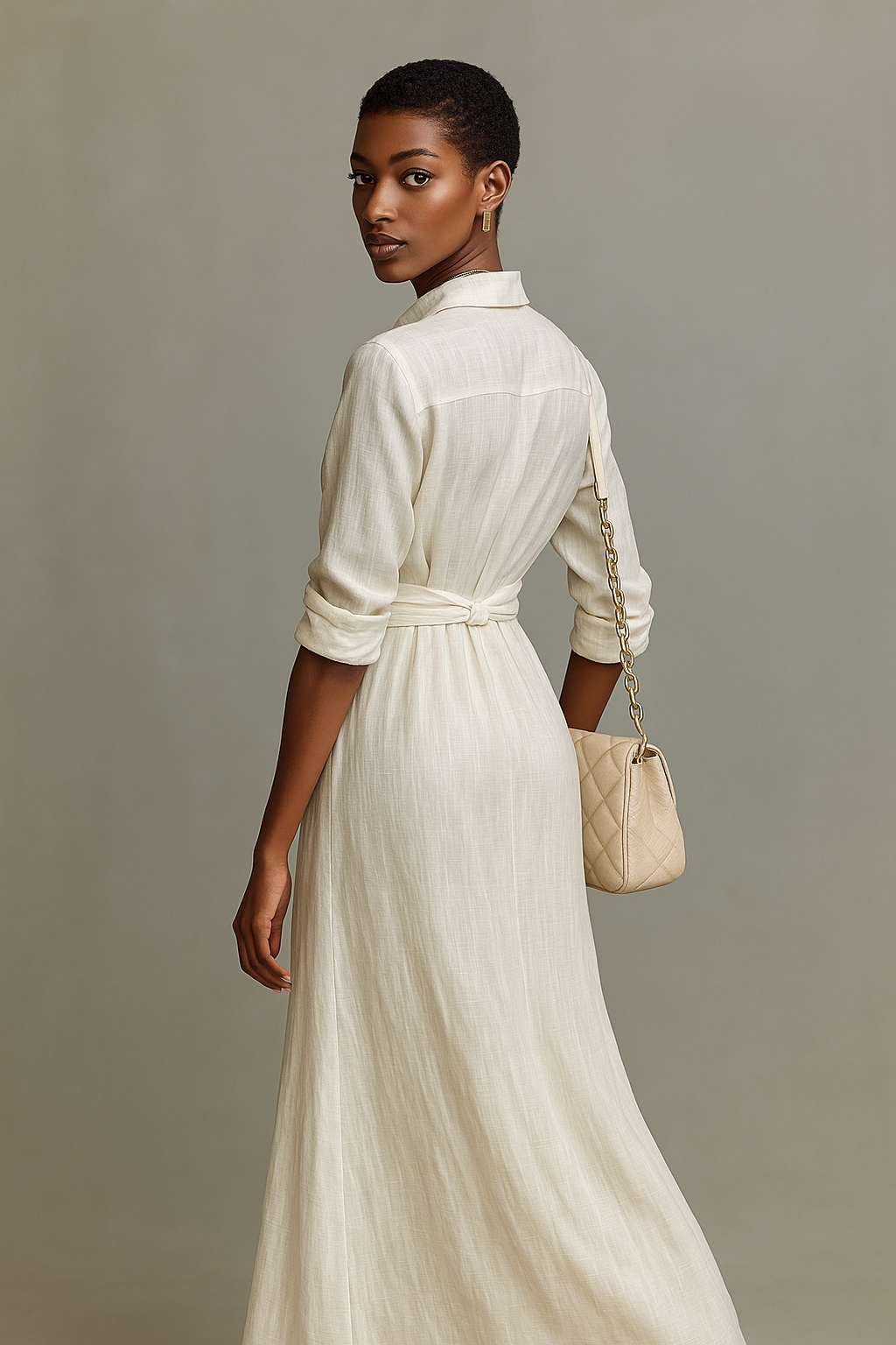Women's Elegant White Cotton-linen Blend Long-sleeved Shirt Dress MDA0833L5AN