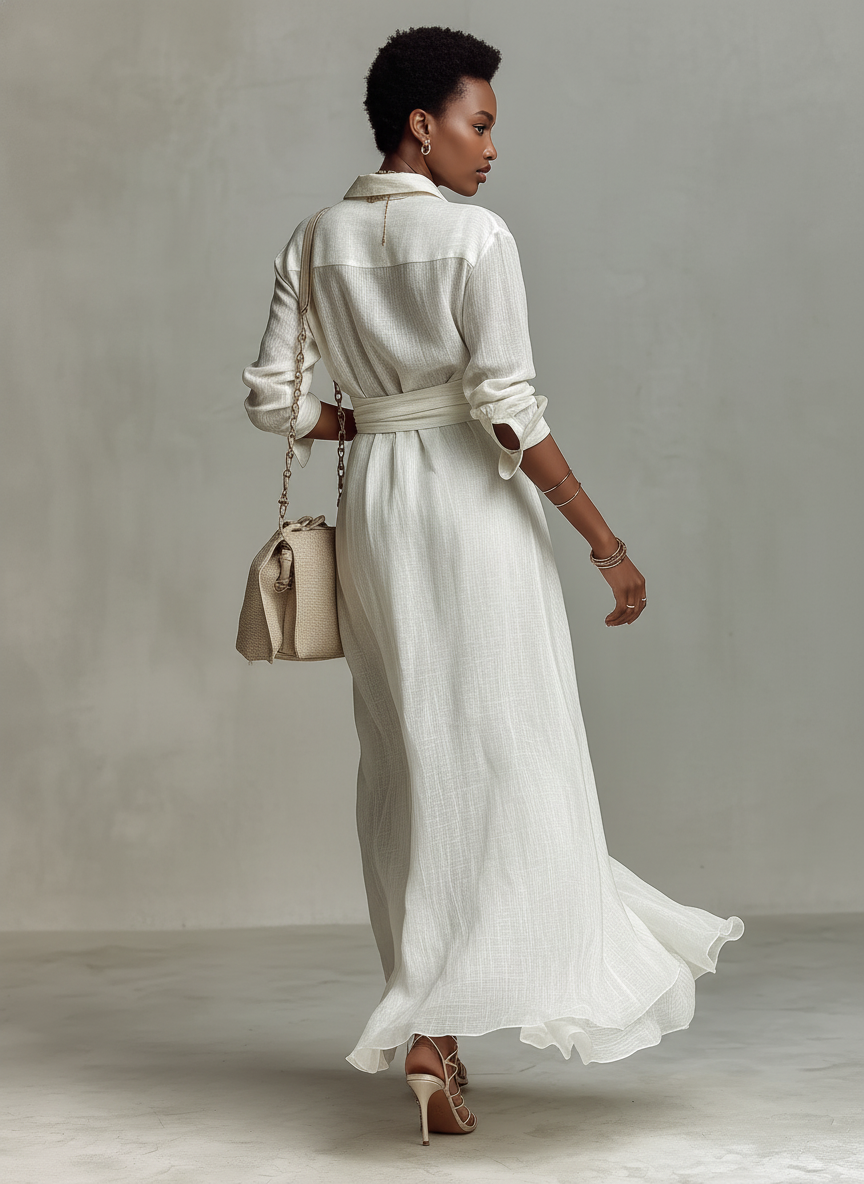 Women's Elegant White Cotton-linen Blend Long-sleeved Shirt Dress MDA0833L5AN