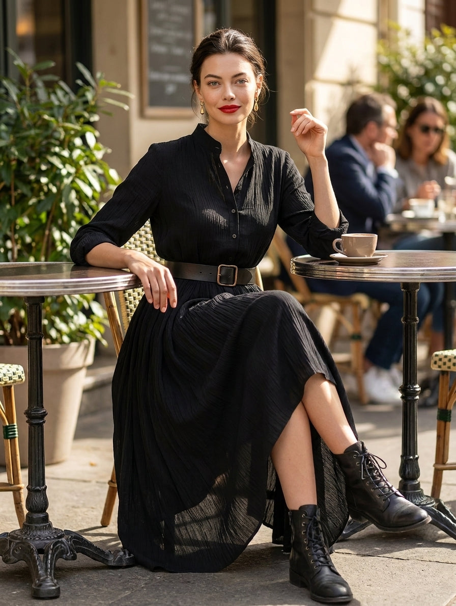 Women's Black Blend Textured Pleated Vintage Maxi Dress MDA0859H8T