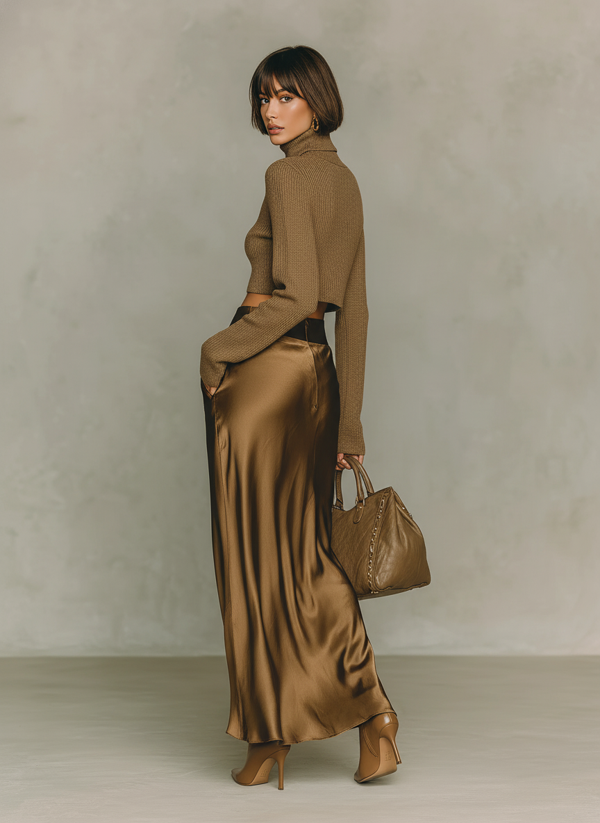 Women's Fashionable Gold-brown Turtleneck Long-sleeved Knit Top Paired With A Satin Midi Skirt MDA0982L5AN