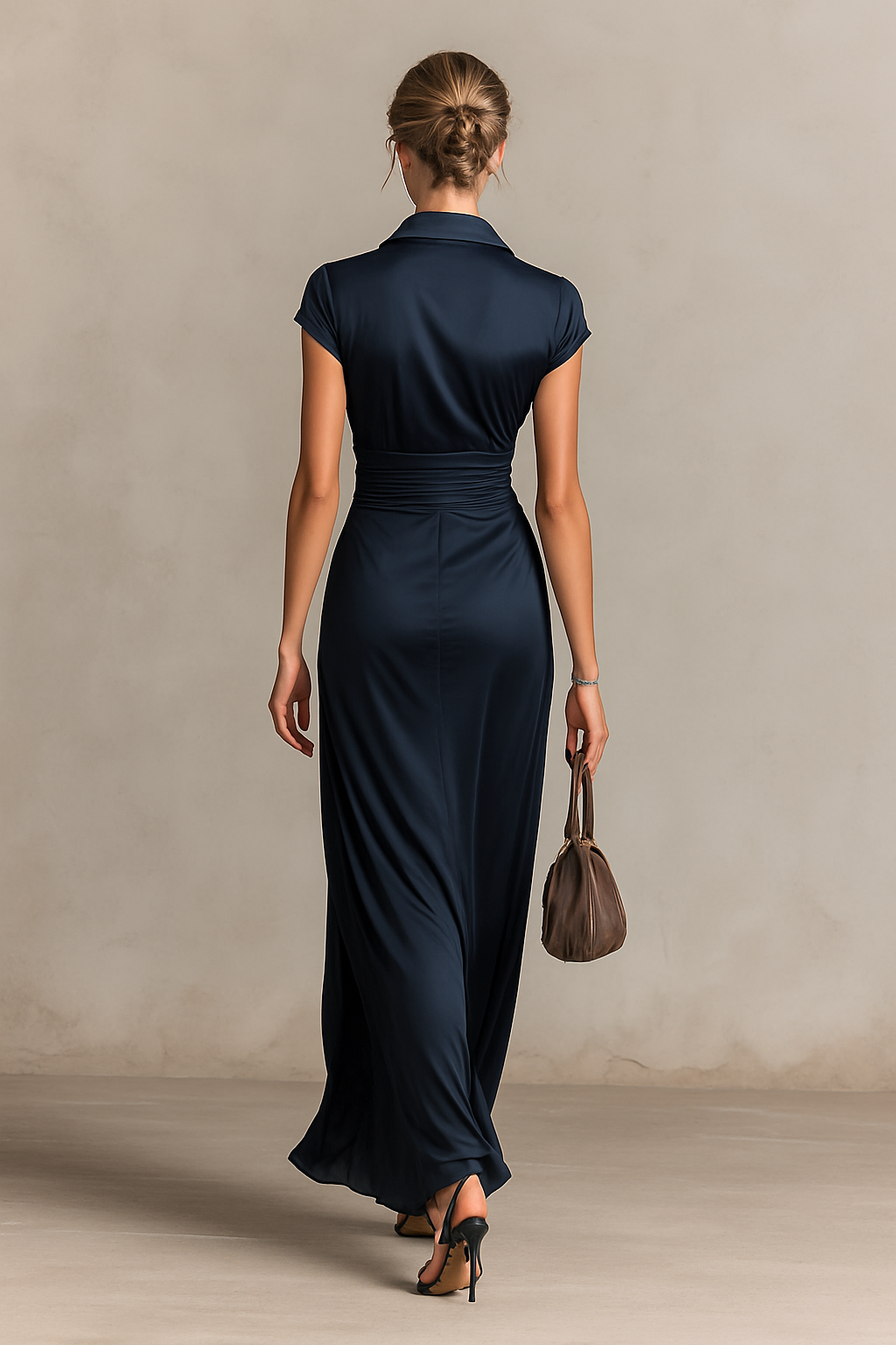 Women's Satin Button Lapel Short Sleeve Waist Maxi Dress MDA1042G0Y