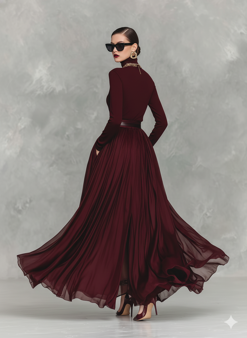 Women's Elegant Deep Red Turtleneck Long-sleeved Dress With Organza Trim At The Hem (belt Not Included) MDA1052L0AN