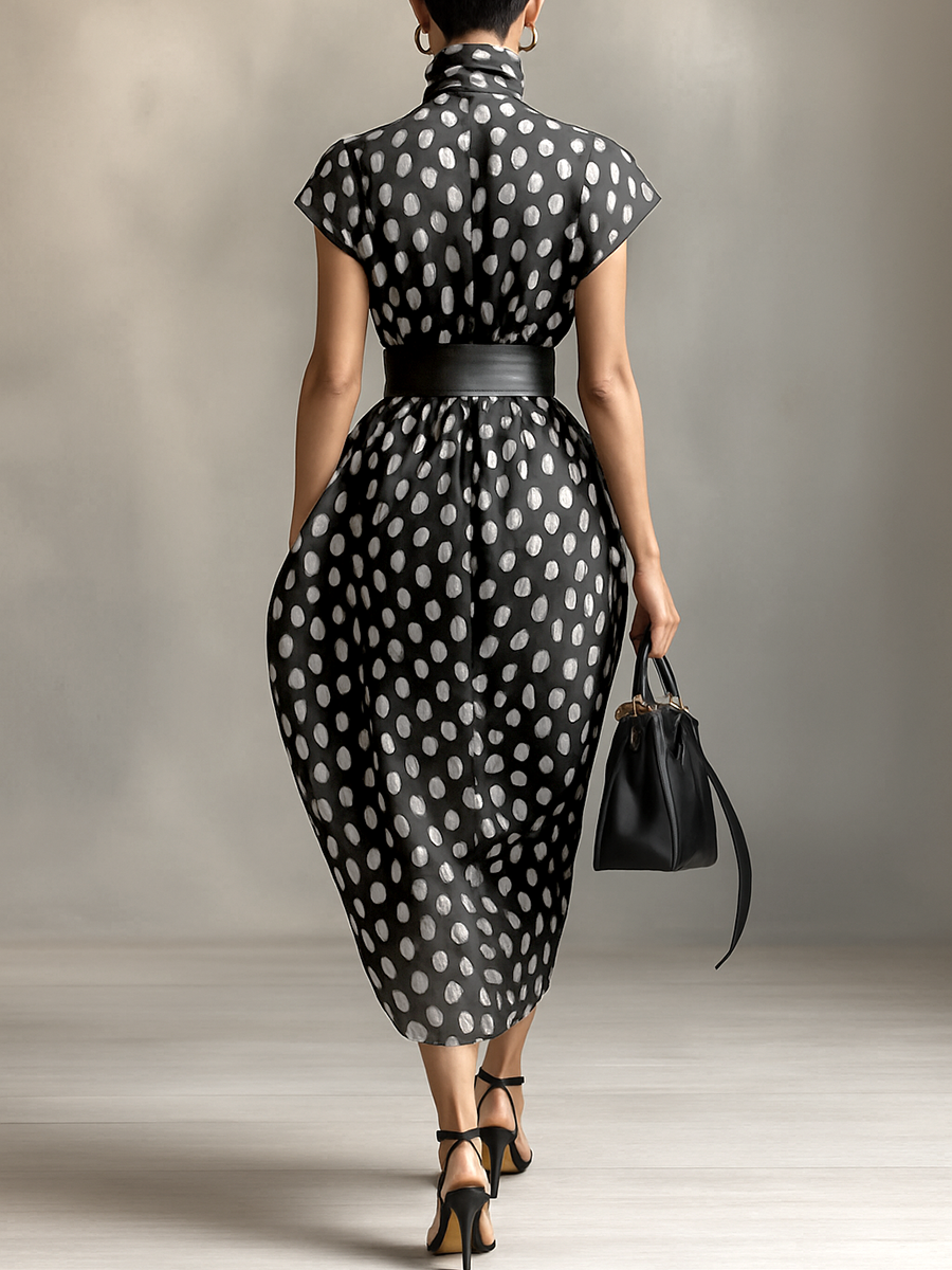 Women's Chiffon Polka Dot Print High Collar Cap Sleeve Belt Maxi Dress MDA1106G4Y