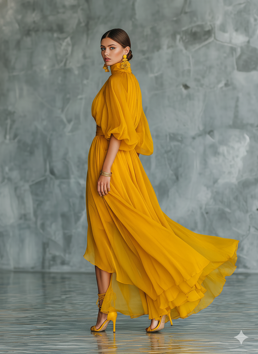 Women's Elegant Deep Yellow Chiffon Long-sleeved Dress MDA1152L1AN