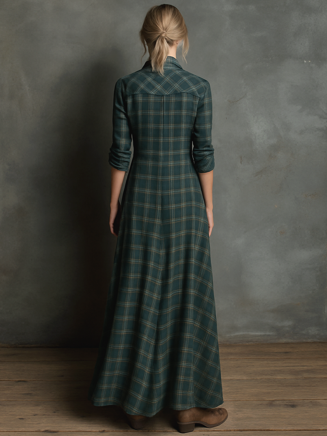 Women's Plaid Lapel Single-Breasted Shirt Maxi Dress MDA1249H1Y