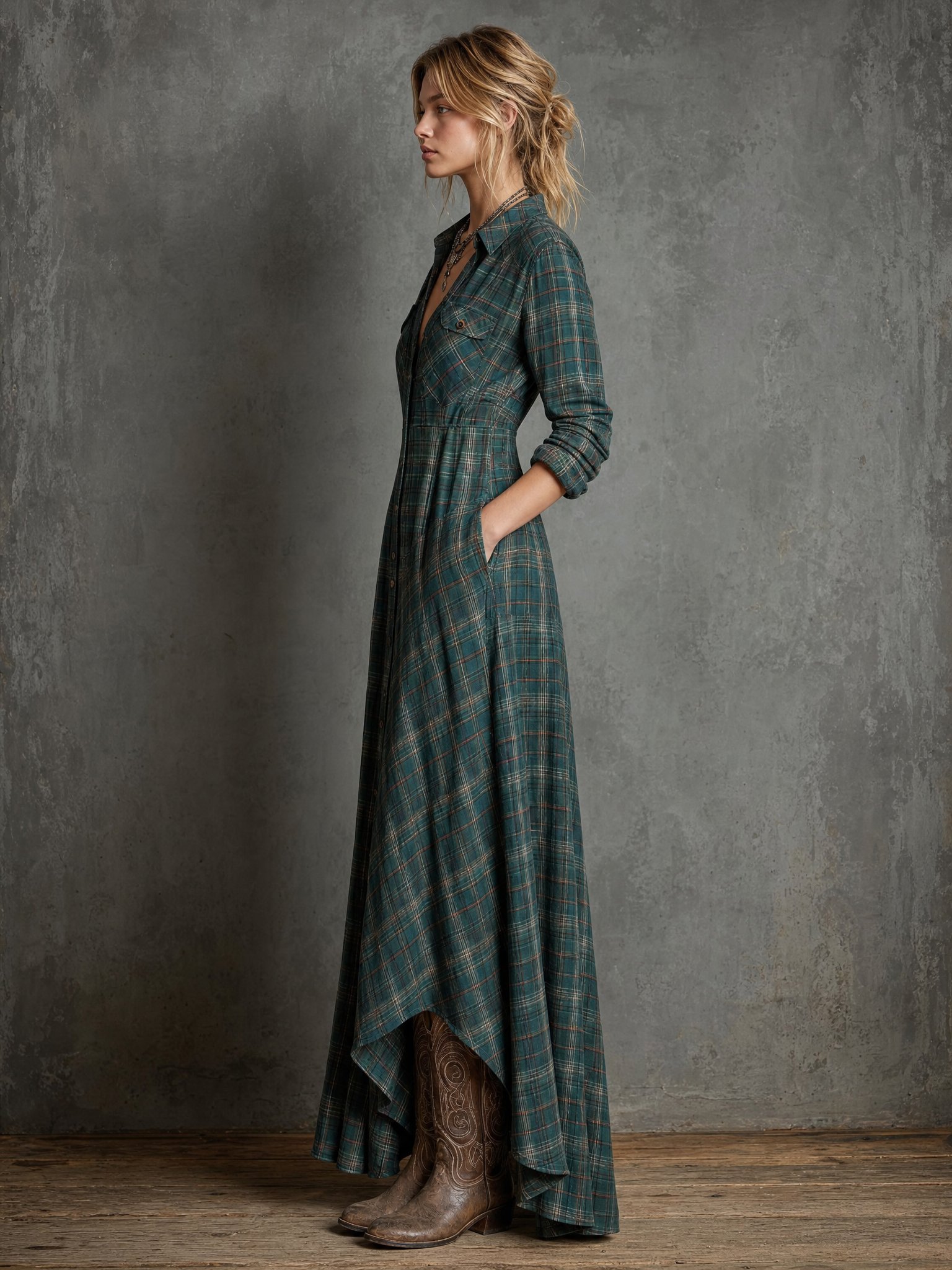 Women's Plaid Lapel Single-Breasted Shirt Maxi Dress MDA1249H1Y