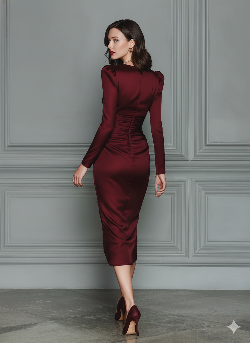 Women's Burgundy Satin Fabric Long-Sleeve Ruched Bodycon Midi Dress MDA1284L7T