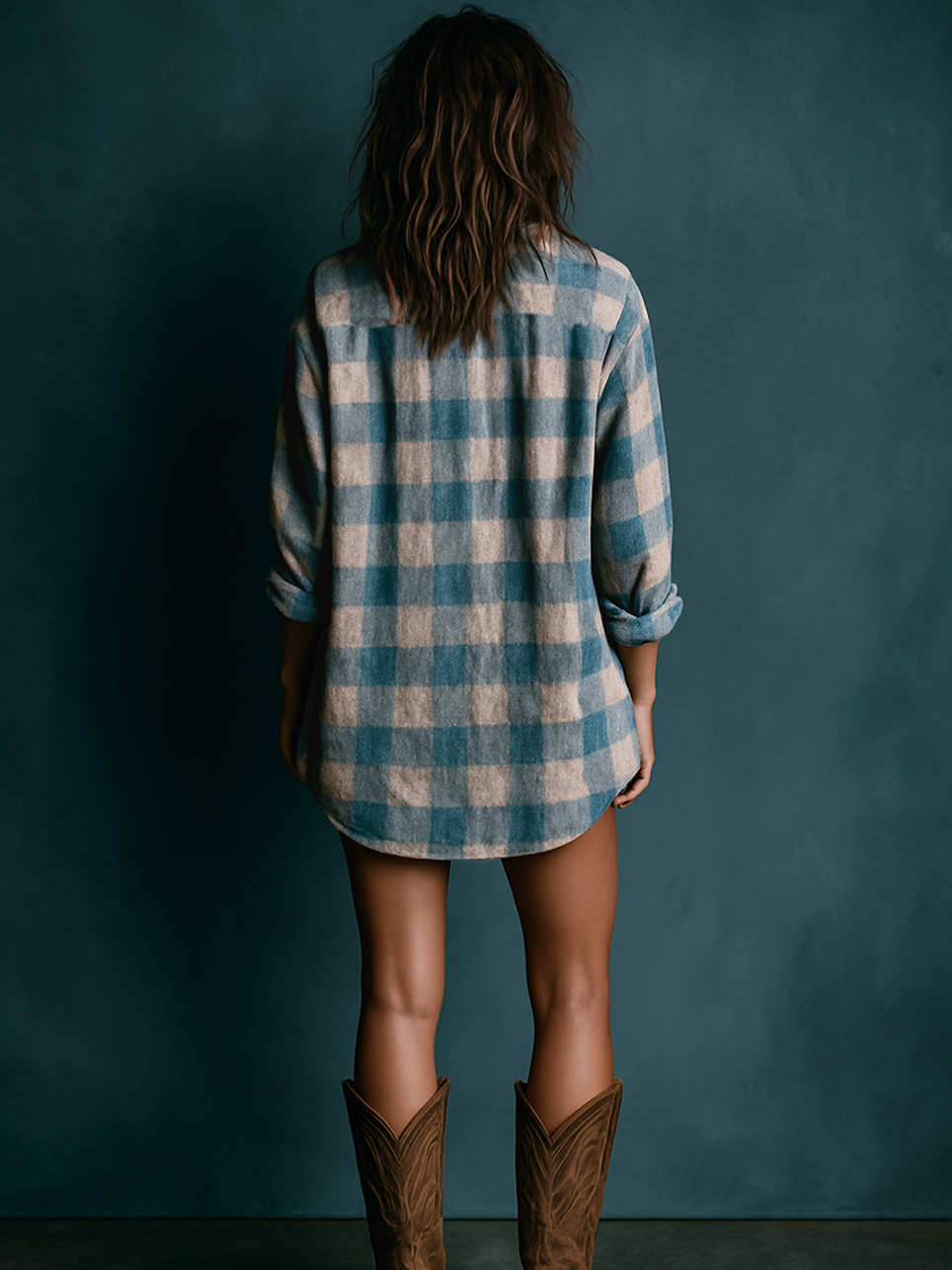 Women's Loose Washed Plaid Henley Collar Long-Sleeve Mini Dress MDA1289H0Y