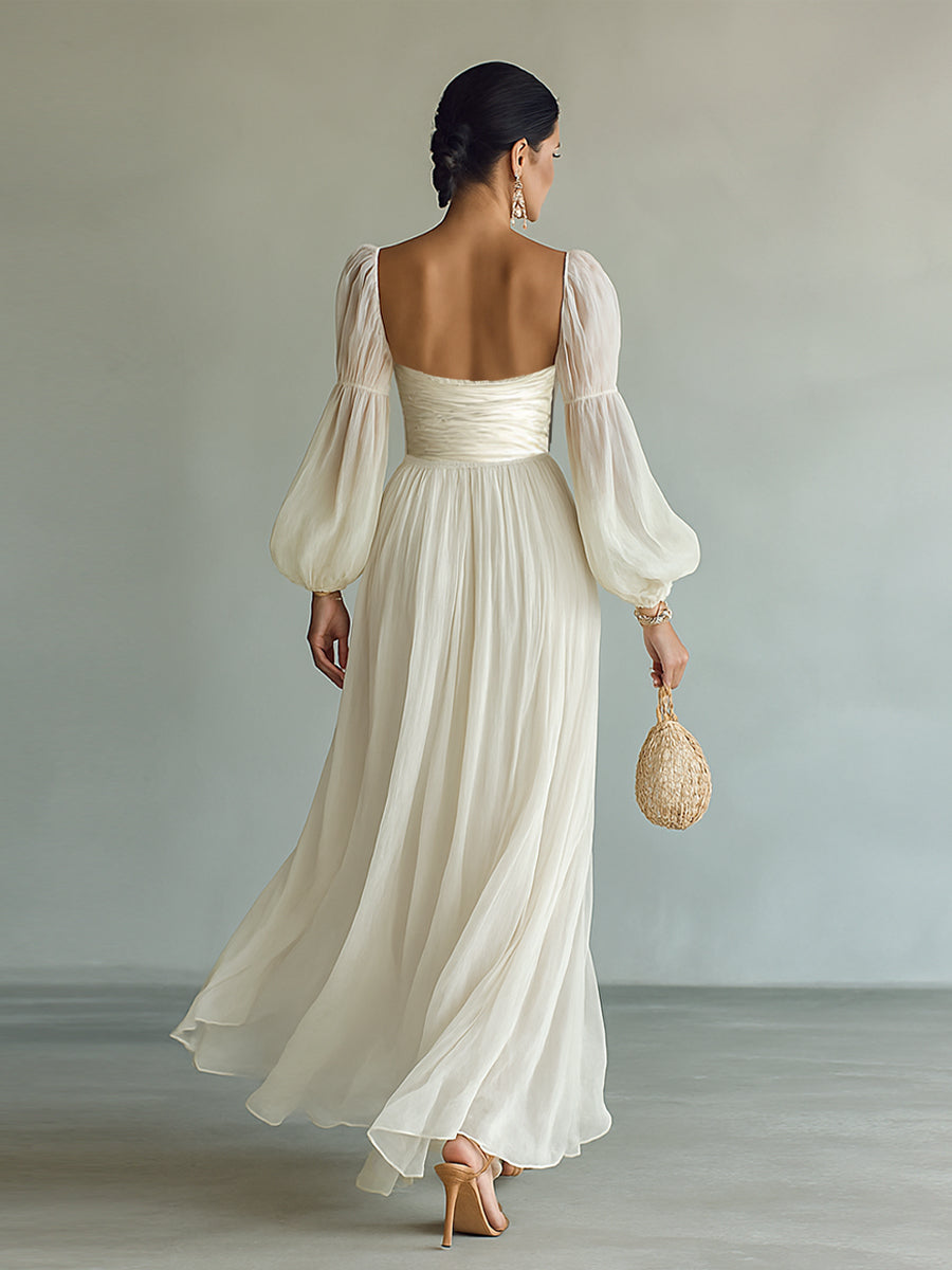 Women's Chiffon Square Neck Long Sleeve Waist Maxi Dress MDA1427G8Y