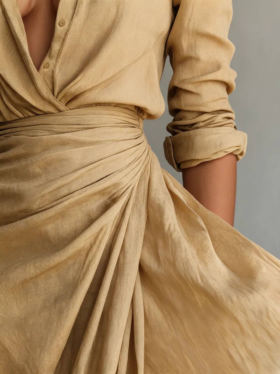 Ladies Lapel Single Breasted Long Sleeve Belted Maxi Dress MDA1500G4Y