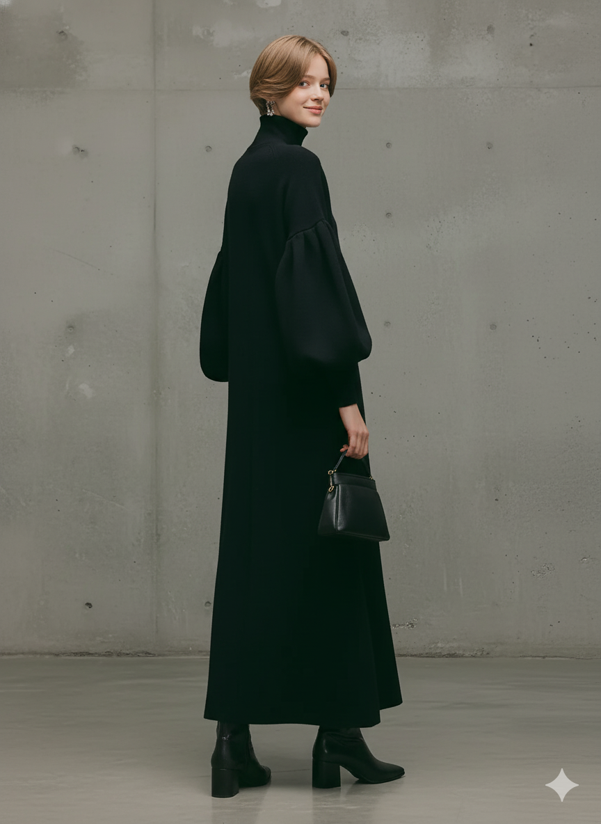 Women's Modern Knit Black Turtleneck Puff-Sleeve Maxi Dress MDA1503L6AU