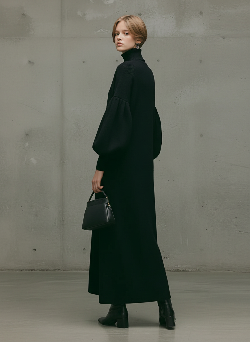 Women's Modern Black Turtleneck Puff-Sleeve Sweatshirt Maxi Dress MDA1503L6AU