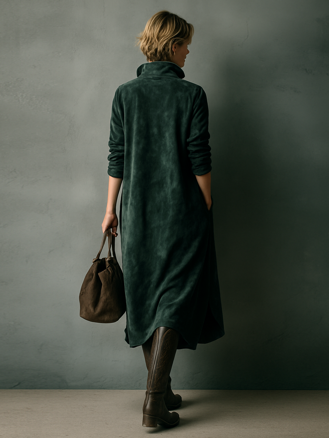 Women's Loose Suede Lapel Long Sleeve Midi Dress MDA1530H1Y