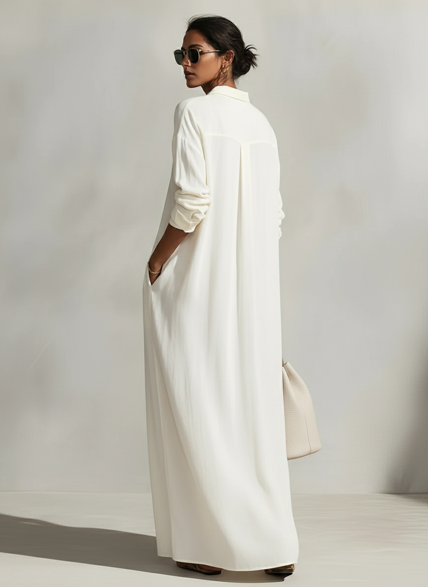 Women's Cream Textured Dress With Button-Front Detail & Relaxed Fit, Modern Casual-Chic Style Maxi Dress MDA1603L4I