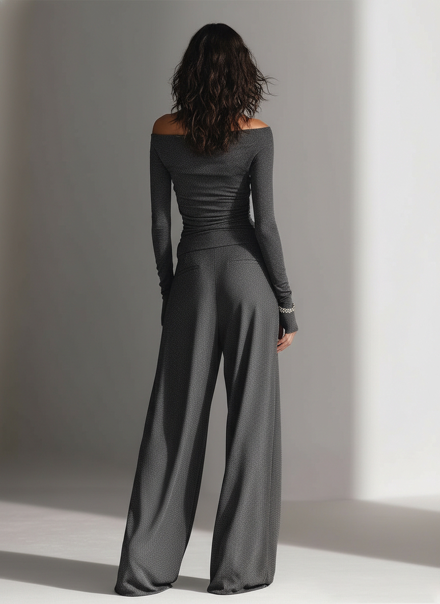 Women's Charcoal Gray Textured Stretchy Set With Off-the-Shoulder Top & Wide-Leg Pants, Modern Edgy-Chic Style Set MDA1685L4I
