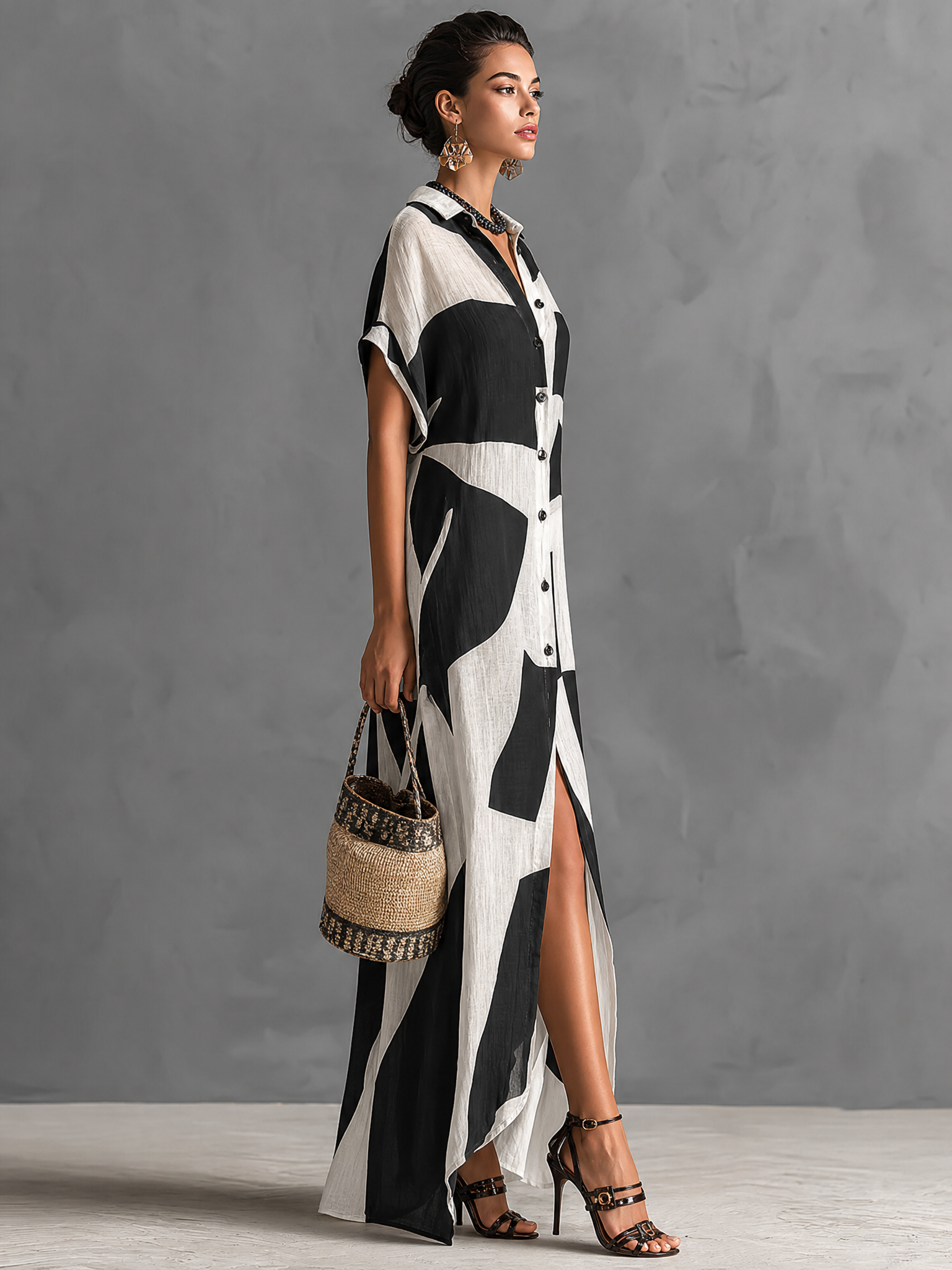 Women's Cotton And Linen Blend Irregular Geometric Print Lapel Single-Breasted Short-Sleeved Maxi Shirt Dress MDA1689G1Y