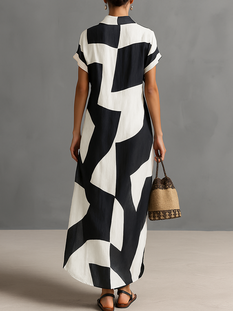 Women's Chiffon Irregular Geometric Print Lapel Single-Breasted Short-Sleeved Maxi Shirt Dress MDA1689G1Y