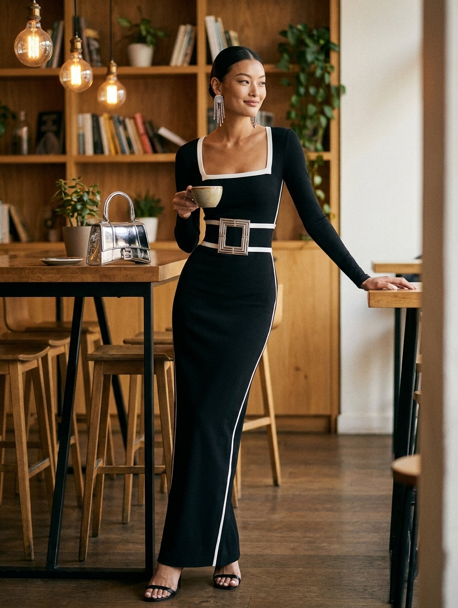 Women's Black And White Trim Square Neck Long Sleeve Tight Maxi Dress MDA1698G8Y