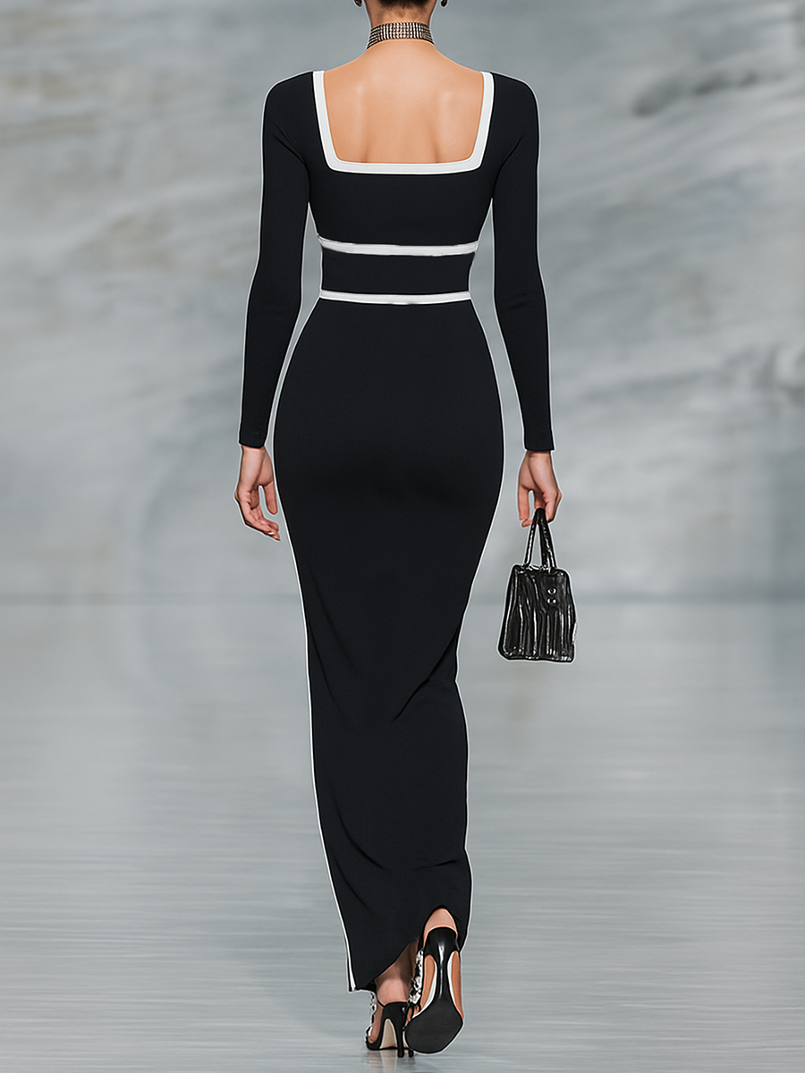 Women's Black And White Trim Square Neck Long Sleeve Tight Maxi Dress MDA1698G8Y