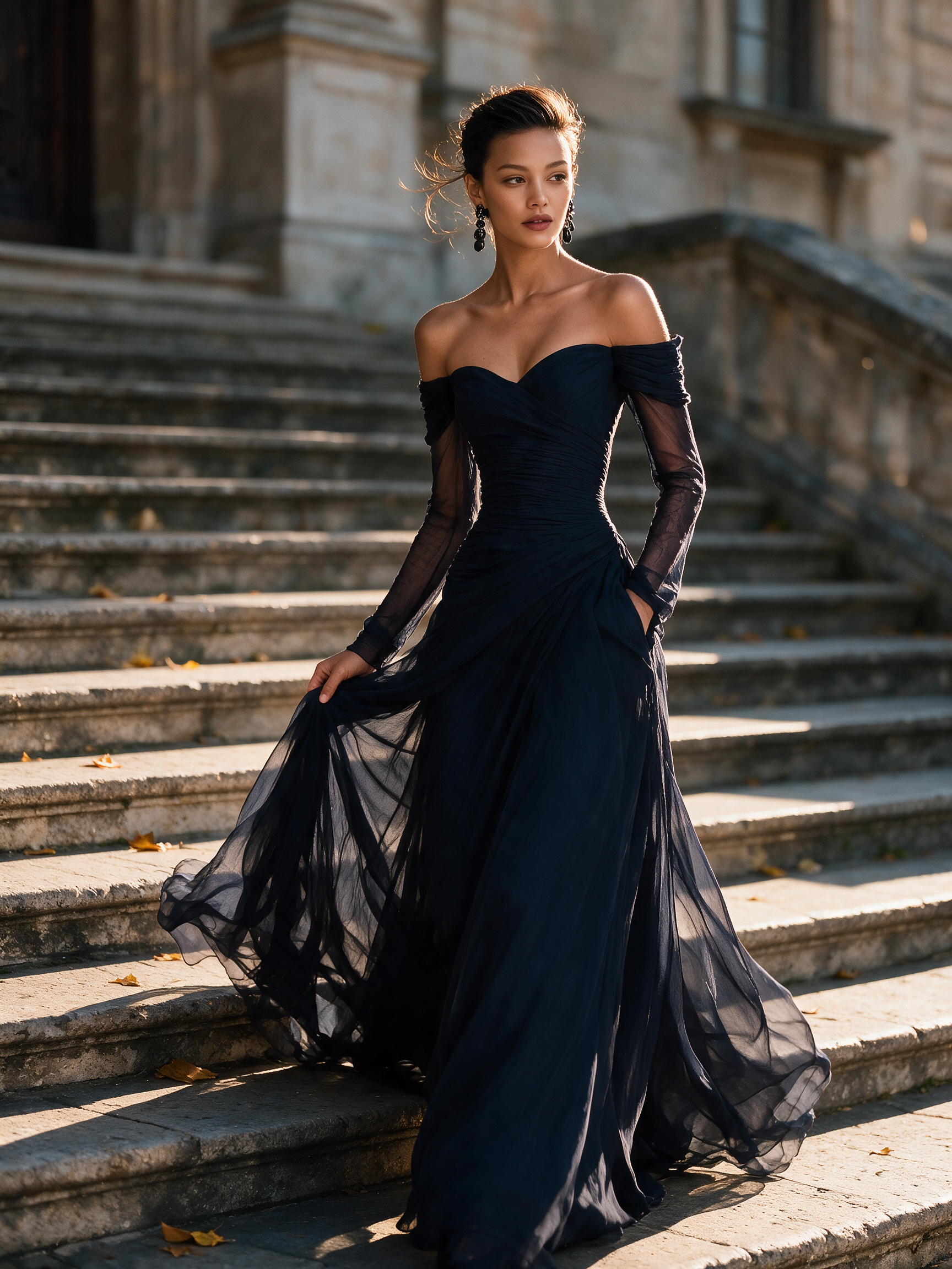 Women's Elegant Dark Blue Chiffon Organza Off-shoulder Long-sleeved Fi – Modesees
