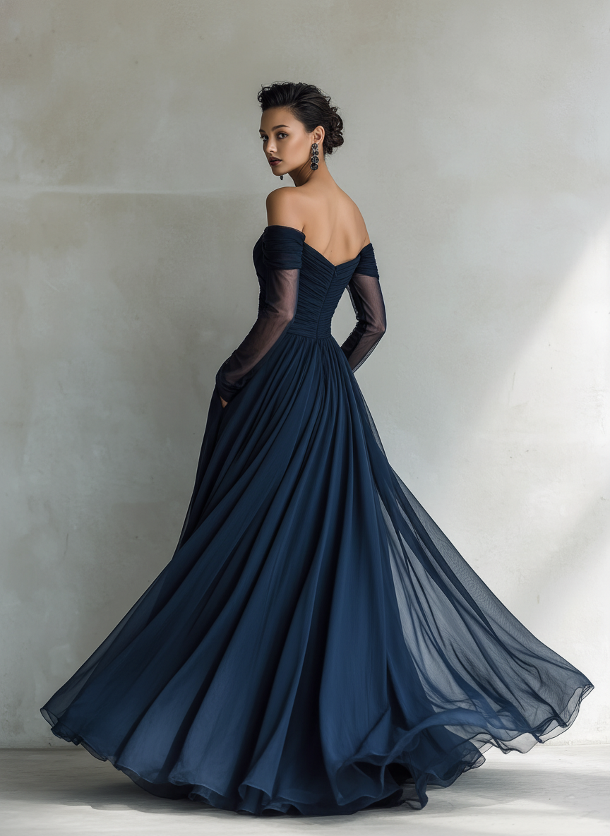 organza chiffon dress Women's Elegant Dark Blue Off-shoulder Long-sleeved Fi – Modesees Size:8T wise_look_book_pants Mari Halter Chiffon Maxi Ball gown Center back zipper.