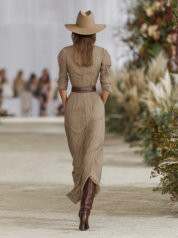 Women's Striped Lapel Single-breasted Long-sleeved Waist Maxi Dress (without Belt)MDA1846G0Y