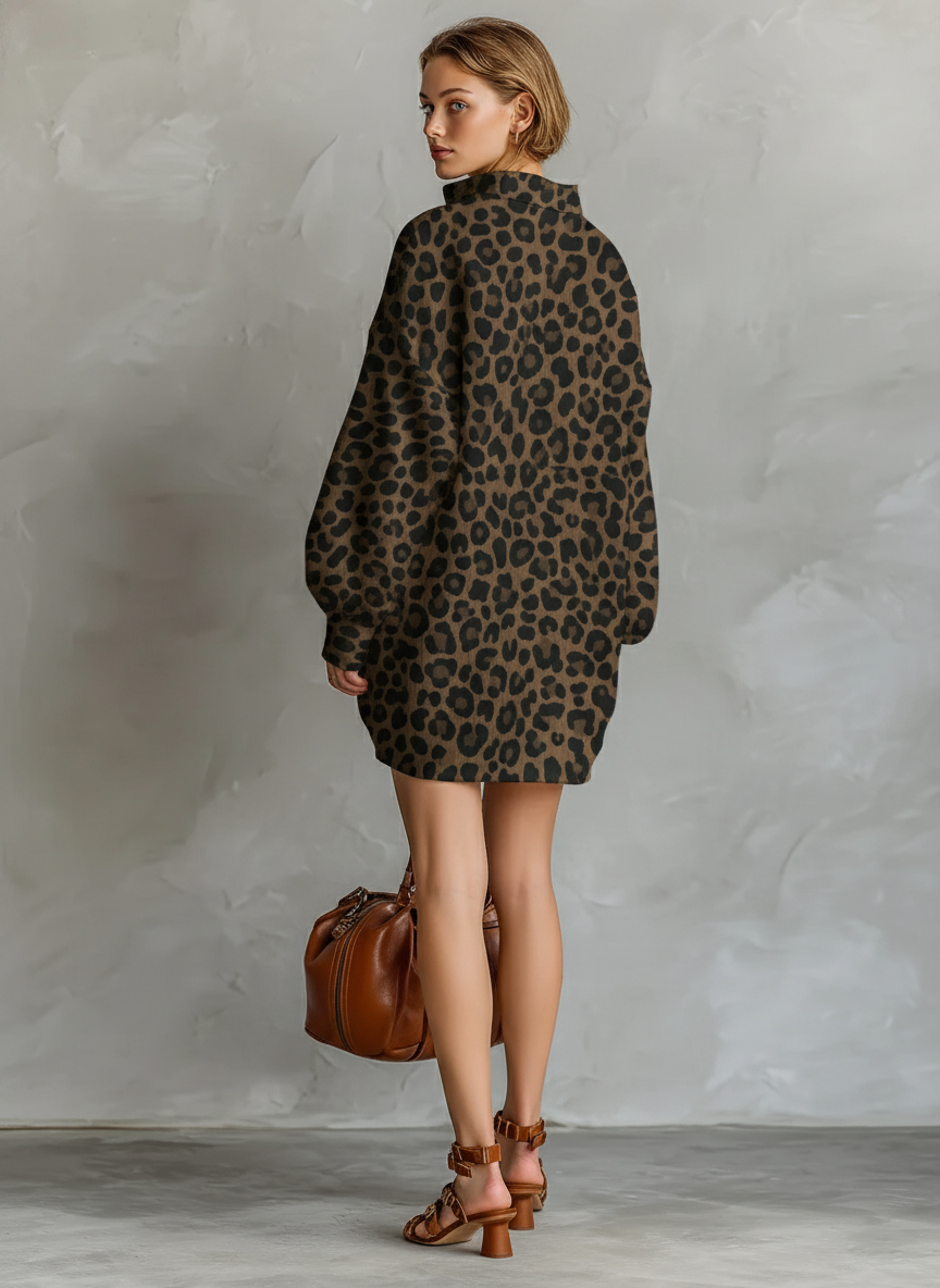 Women's Fashionable Brown Leopard Print Loose Open Neckline Long Sleeve Dress MDA1895L2AN
