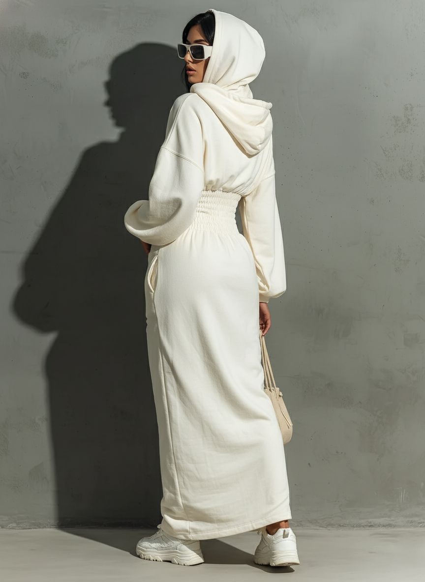 Women's Minimalist Waist Shirring Hooded Sweatshirt Maxi Dress MDA1965L4Y