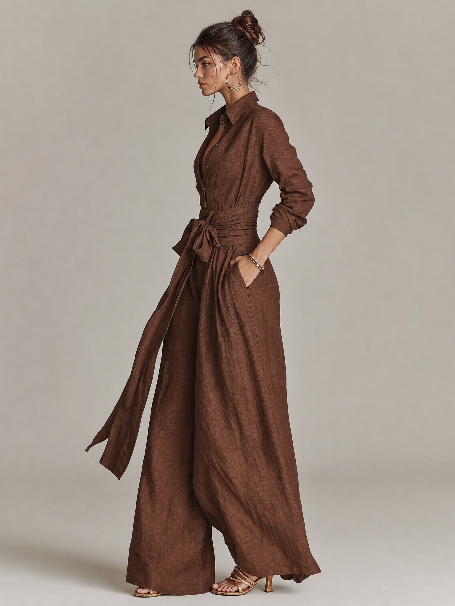 Women's Elegant Brown Woven Cotton-linen Long-sleeved Shirt Collar Jumpsuit With Belt MDA1965L9AN
