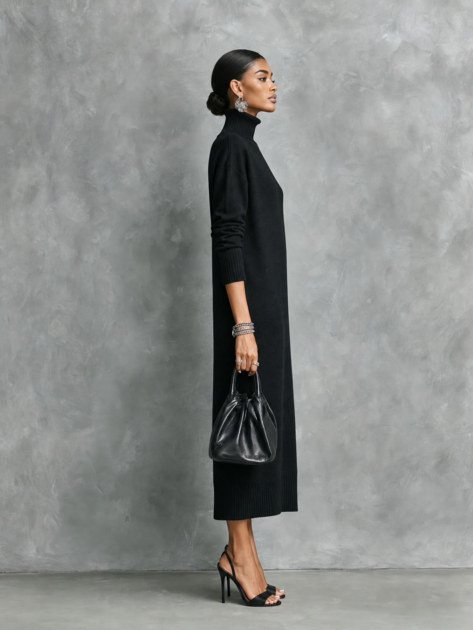 Women's Elegant Black Knitted Turtleneck Long-sleeved Loose-fitting  Midi Dress With No Pockets MDA1974L7AN