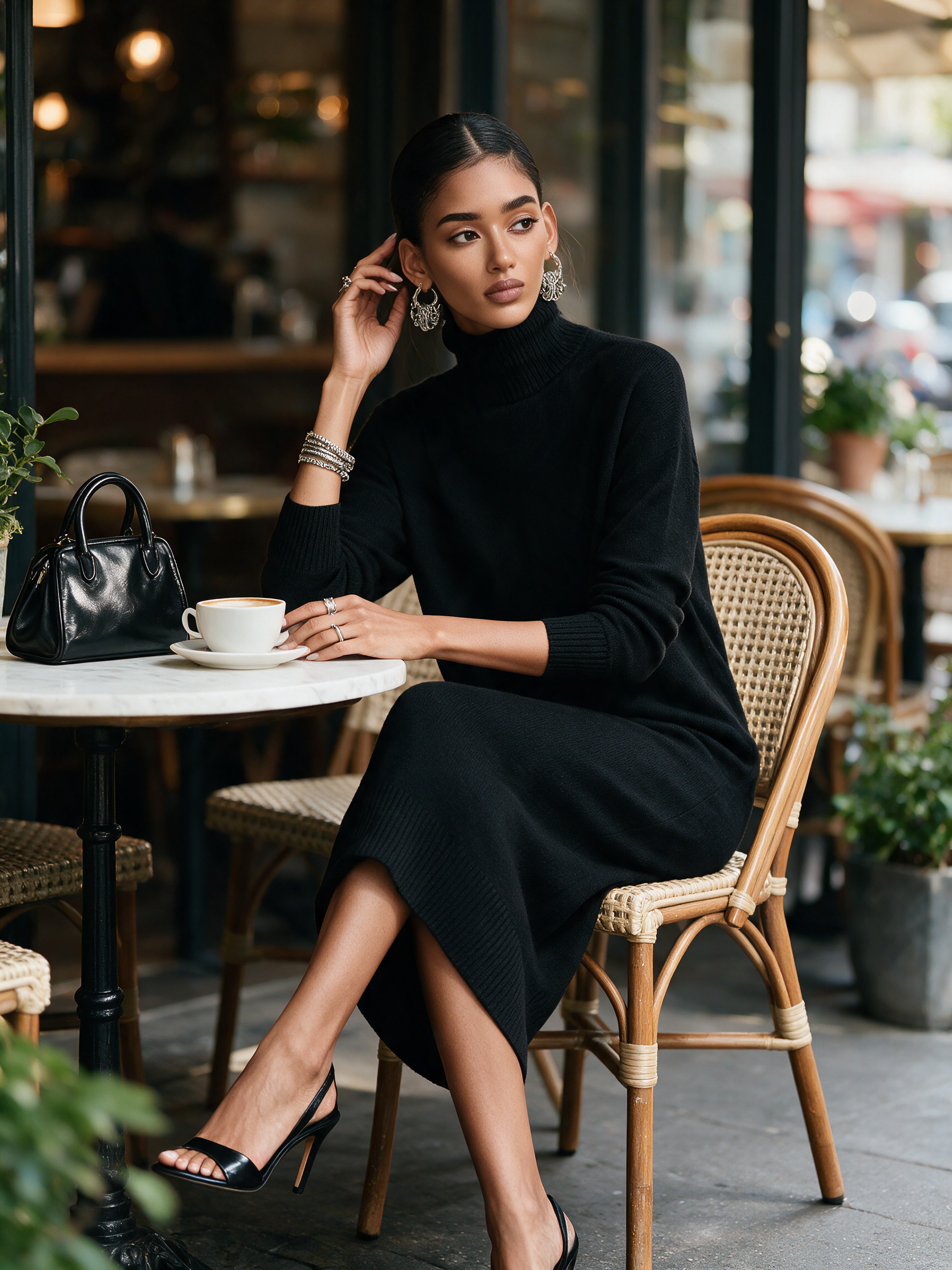 Women's Elegant Black Knitted Turtleneck Long-sleeved Loose-fitting Mi – Modesees