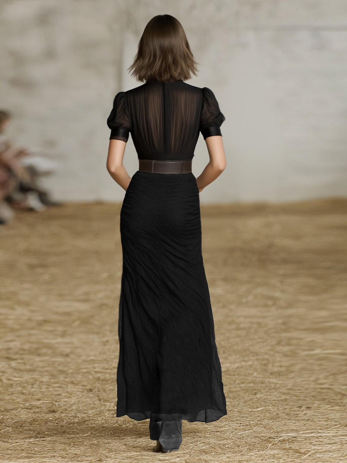 Women's Chiffon Pleated Lapel Button Short Sleeve Waist Maxi Dress MDA1995G8Y