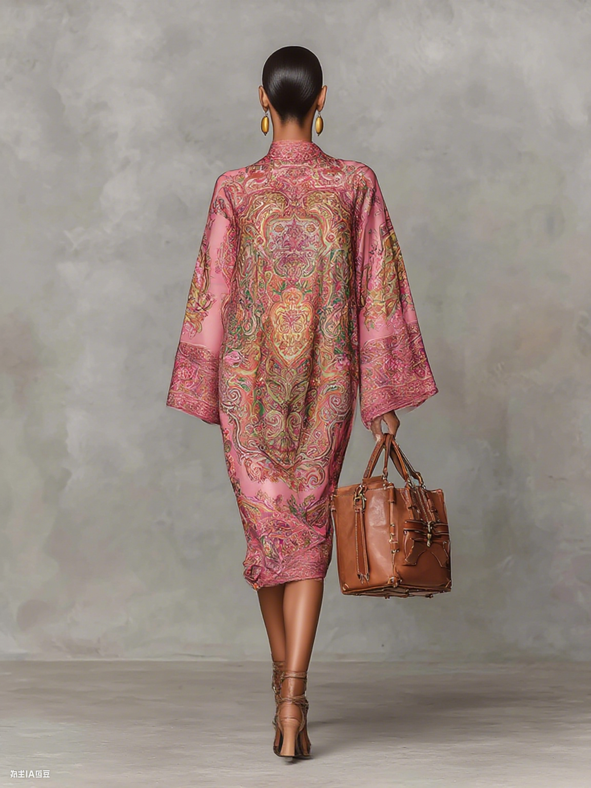 Women's Paisley Print Round Neck Trumpet Long Sleeve Loose Midi Dress MDA2149G5Y