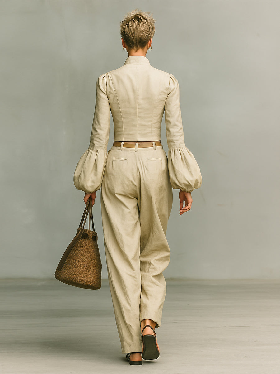 Women's Retro Linen-like Fabric Stand-up Collar Single-breasted Shirt Trousers Two-piece Set MDA2423G7Y