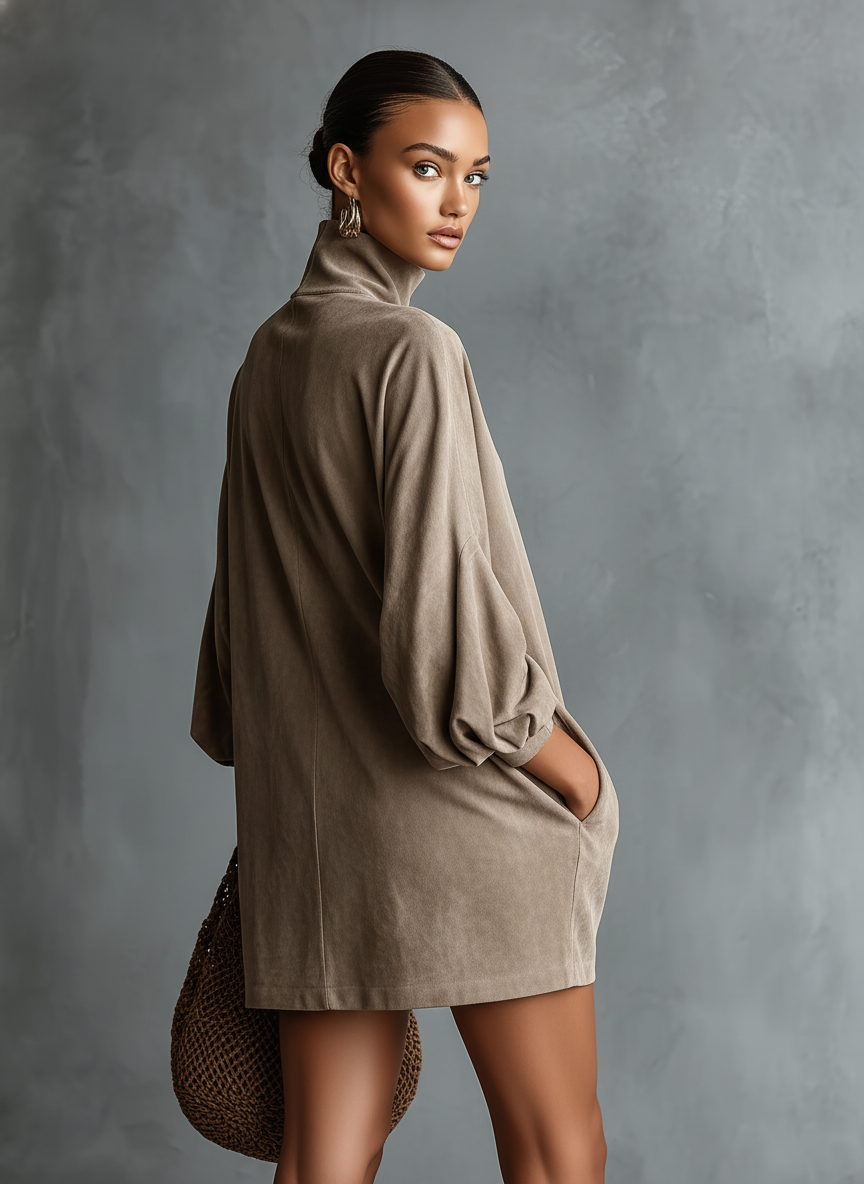 Women's Minimalist Loose-fitting Faux Suede High-neck Mini Dress MDA2423K1Y