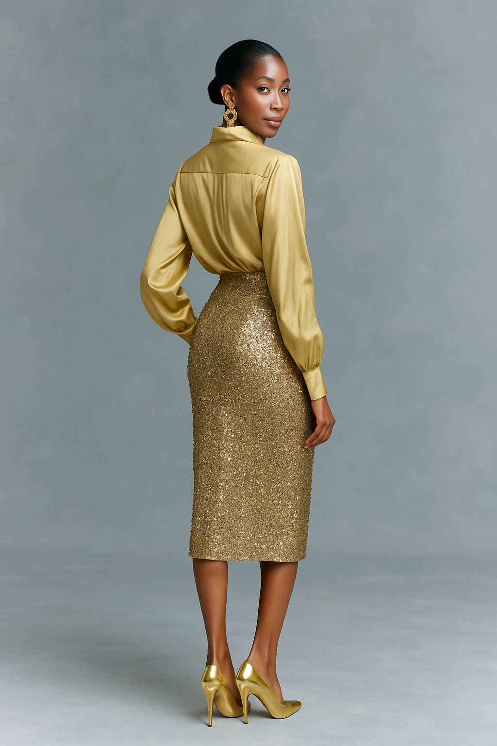 Women's Long-sleeved Shirt And Sequined Pencil Skirt Set MDA2431K6Y