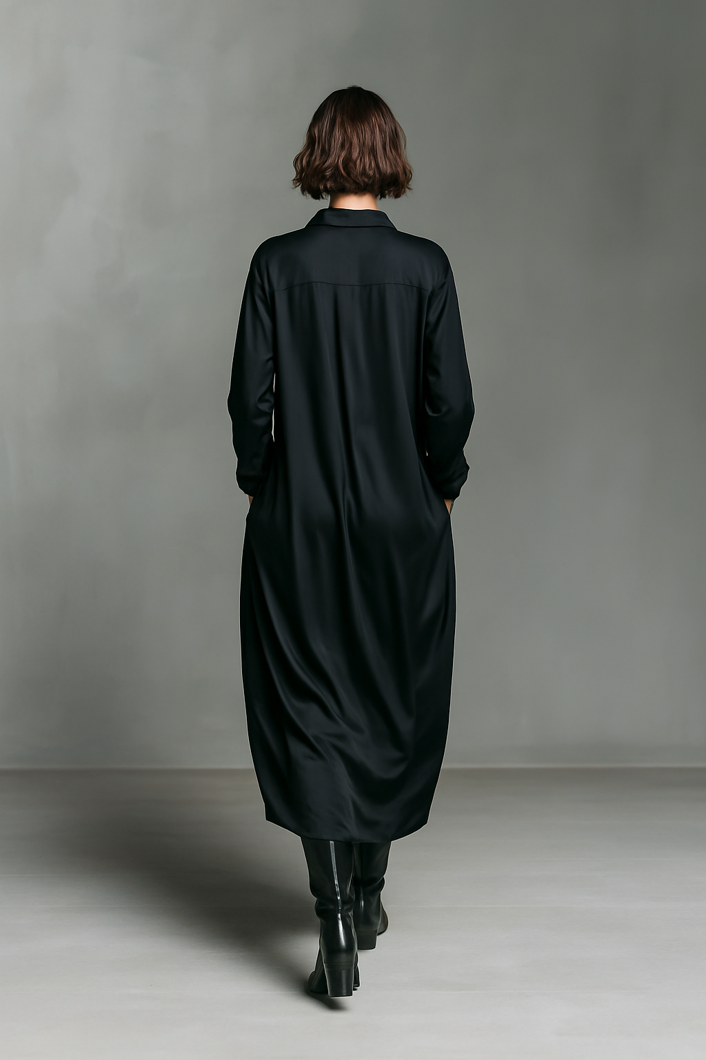 Women's Fashionable Casual Black Glossy Satin Long-sleeved Loose-fitting Long Dress With Pockets MDA2476K9AN