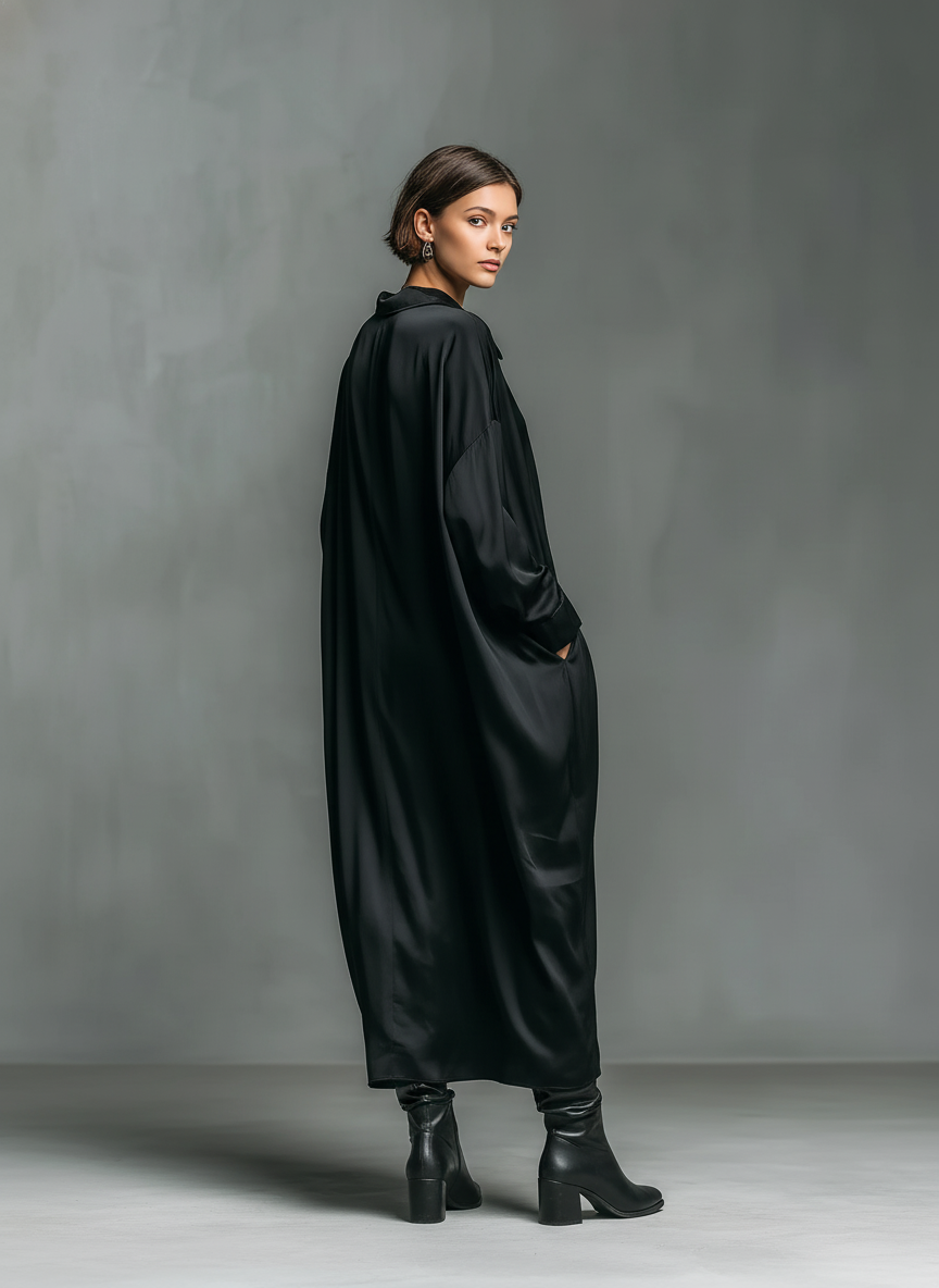 Women's Fashionable Casual Black Glossy Satin Long-sleeved Loose-fitting Maxi Dress With Pockets MDA2476K9AN