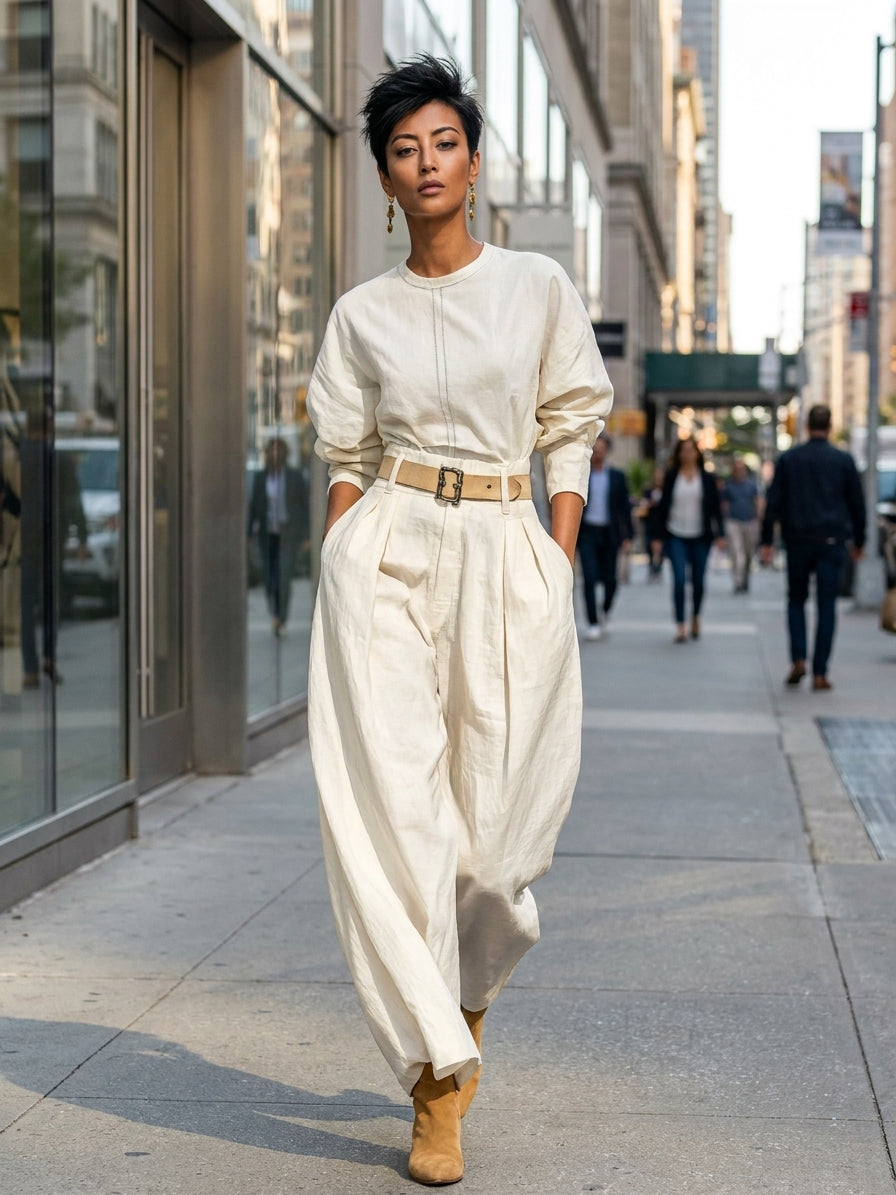 Women's Fashion Cotton And Linen Blend Crew Neck Long Sleeve Shirt Loose Trousers Set (belt Not Included)MDA2555G6Y