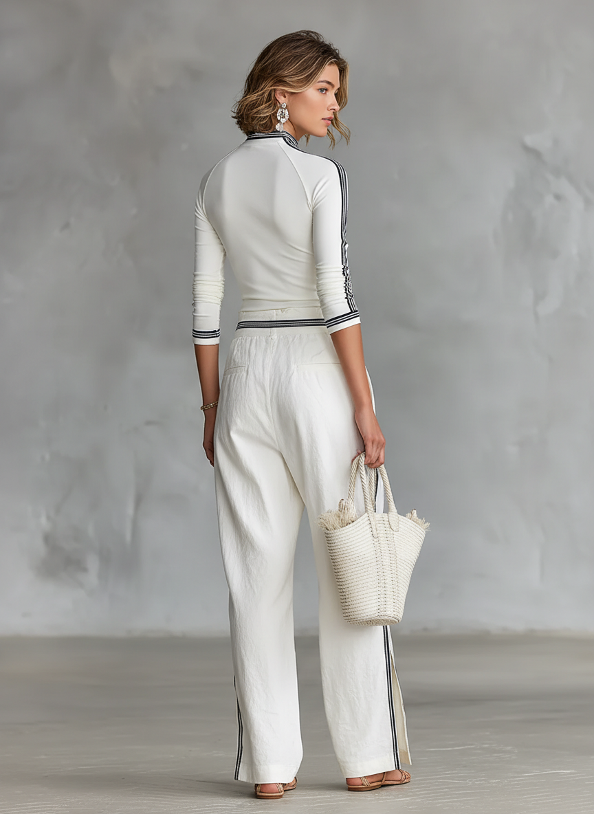 Women's Sports Half-high-neck Long-sleeved T-shirt Drawstring Wide-leg Pants Two-piece Set MDA2569G9Y