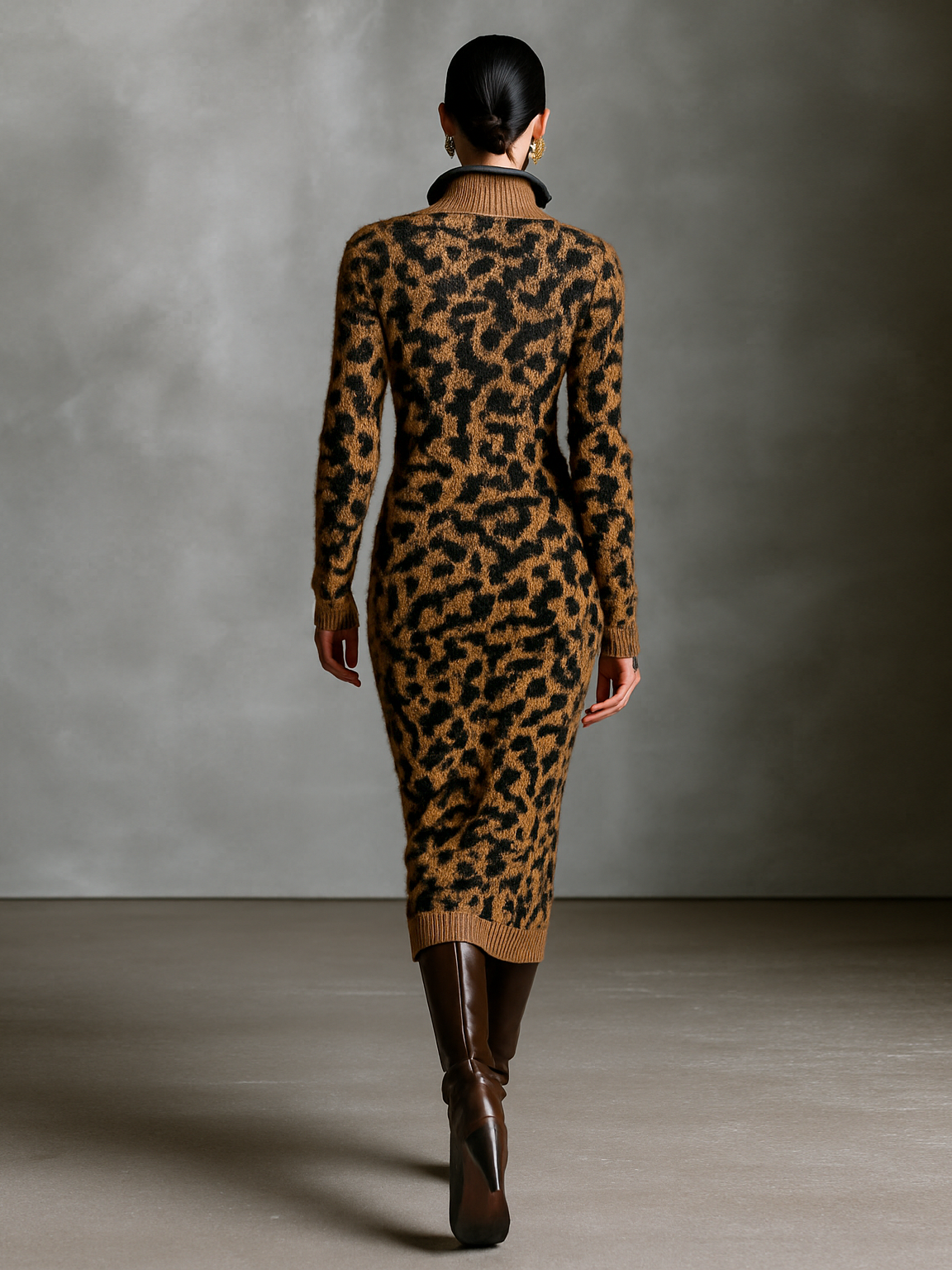 leopard jacquard knit dress Leopard jacquard-knit midi dress - black