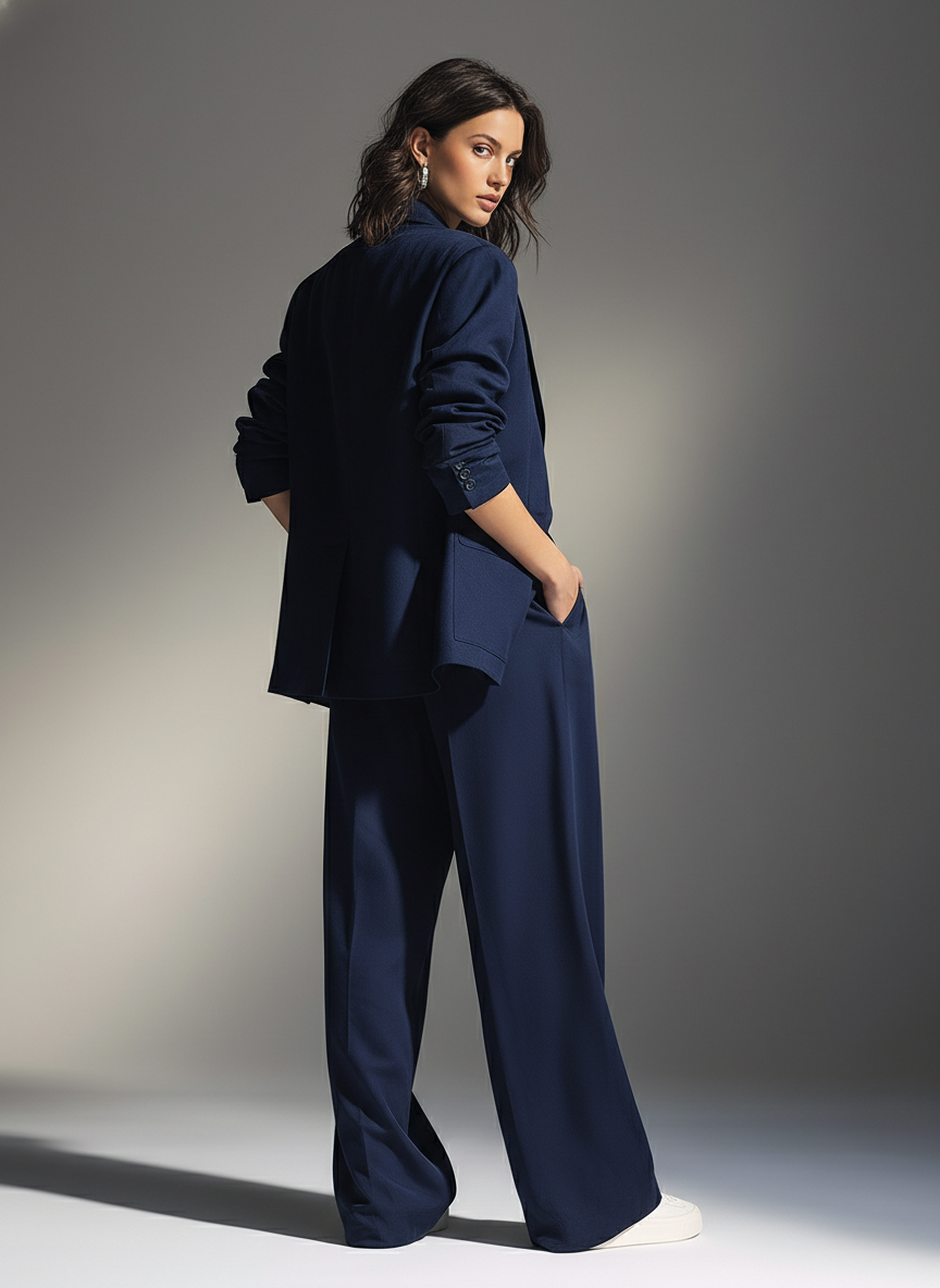 Women's Navy Structured Woven Set With Oversized Blazer & Wide-Leg Pants, Timeless Chic-Effortless Style Set MDA2694L0I